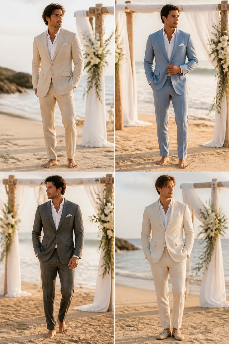 Coastal suits in cream, pale blue, charcoal and ivory