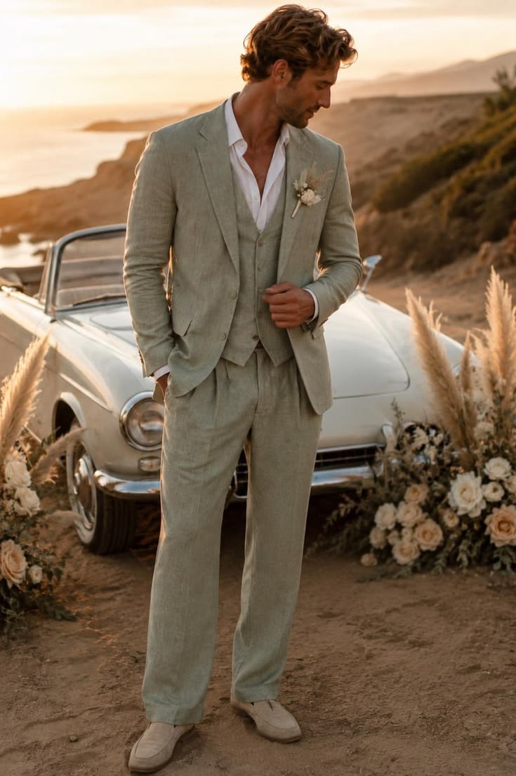 Sage green linen three-piece suit at golden hour