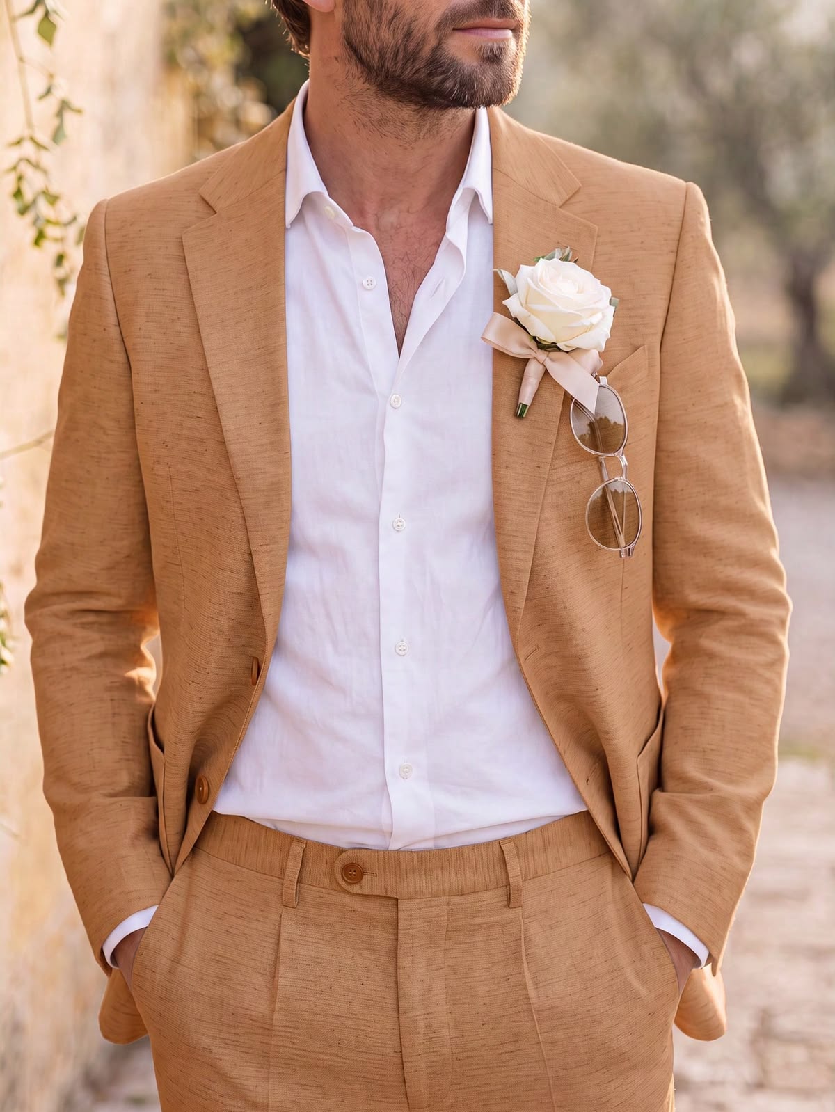Textured tan suit with an open-collar white shirt