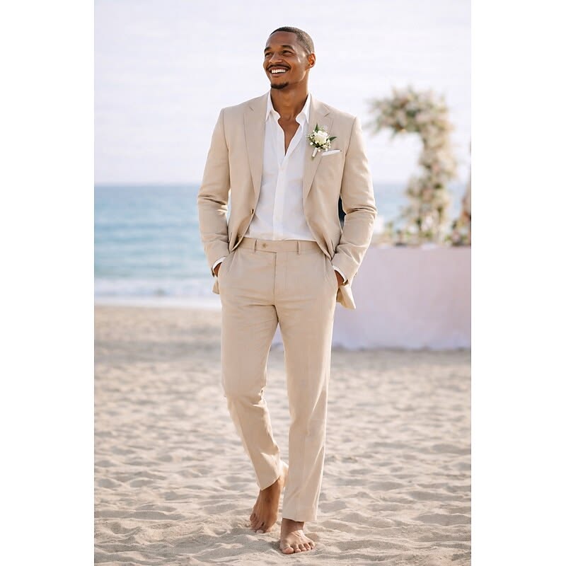 Light cream suit with an open-collar shirt on the beach