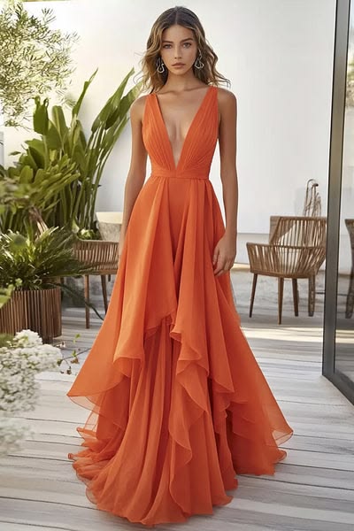 Flowing coral evening gown with a deep neckline